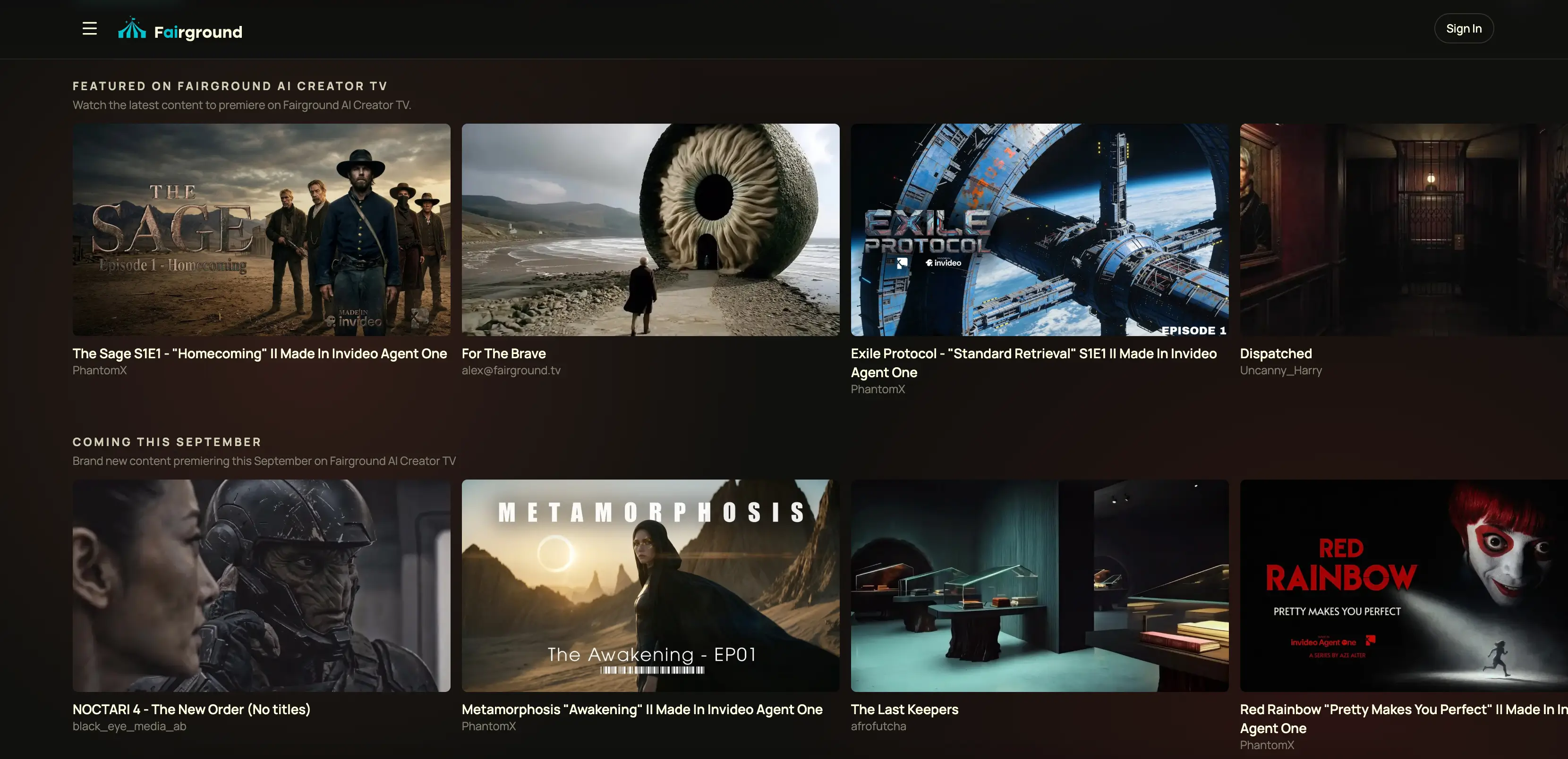 Fairground AI Creator TV homepage preview