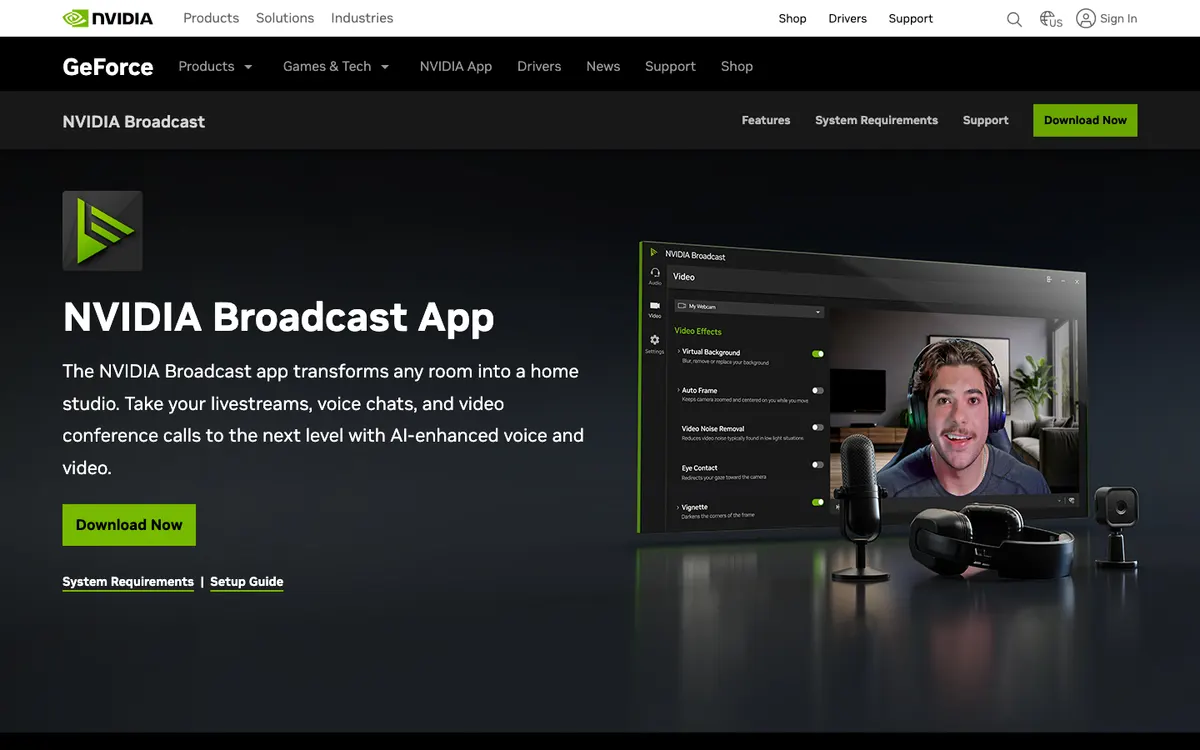 NVIDIA Broadcast homepage preview