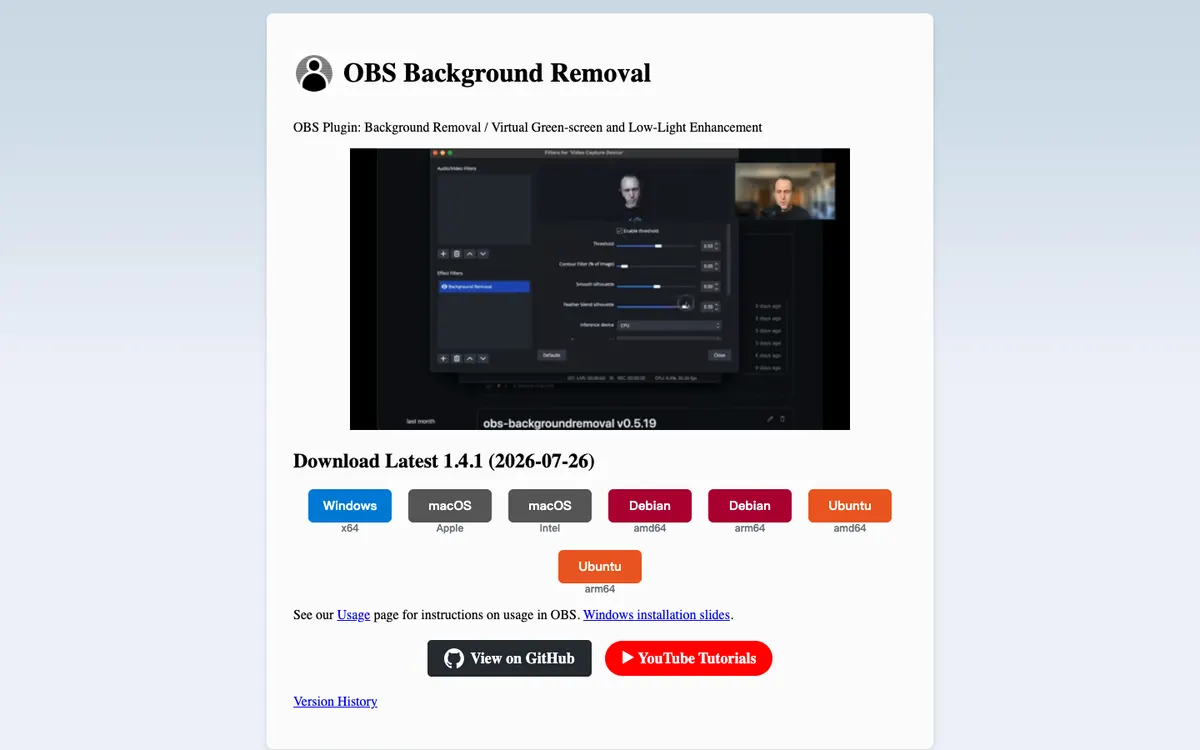 OBS Background Removal homepage preview
